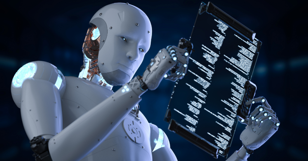 Combining Tech and Training in Analytics. A robot using a tablet.