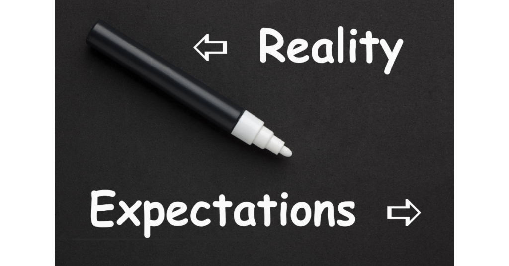 An arrow pointing left says Reality. An arrow pointing right says expectation. Managing analyst expectations and development.