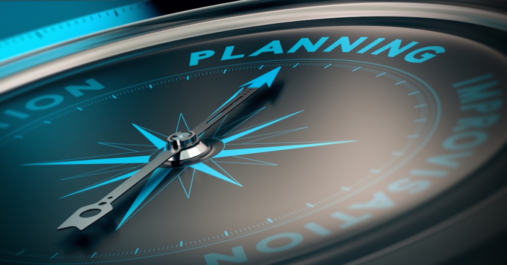 Organizational analytics plan. A compass needle points to the word planning