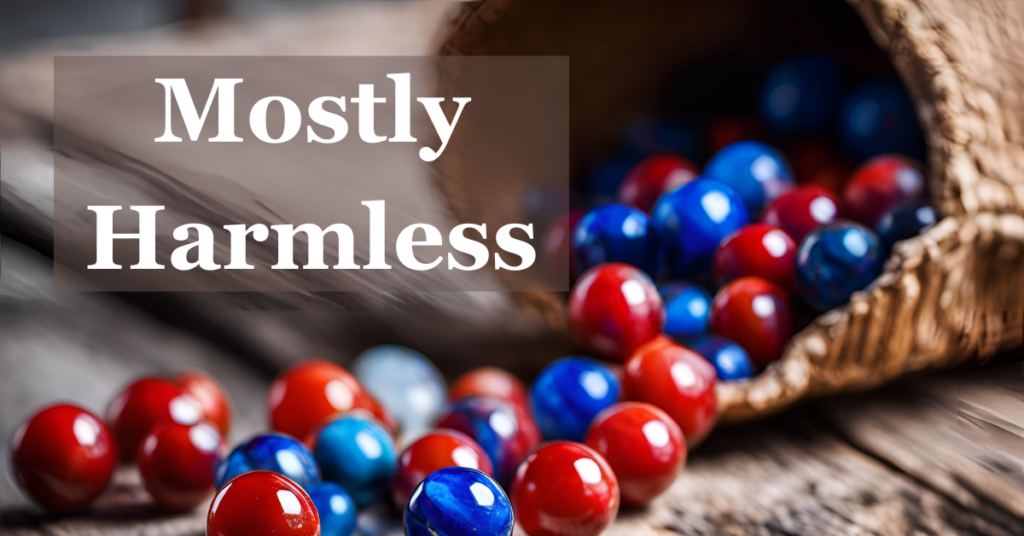 A bag of red and blue marbles on a wooden table. Headline is: A Mostly Harmless Introduction to Probability