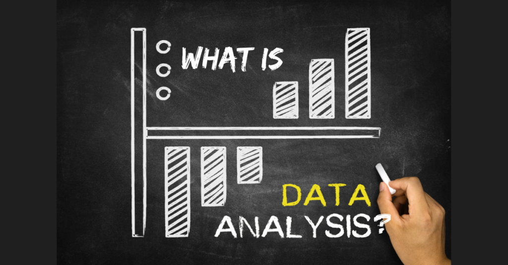 A chalkboard with a bar chart on it. Headline is: What is data analysis?