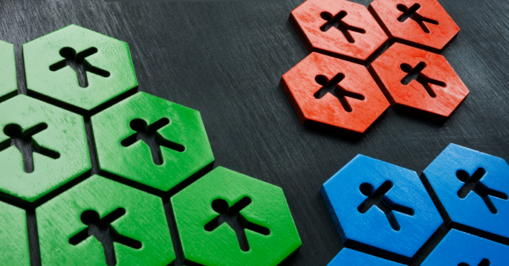 Groups of green, red, and blue tiles with people on them representing customer segmentation.